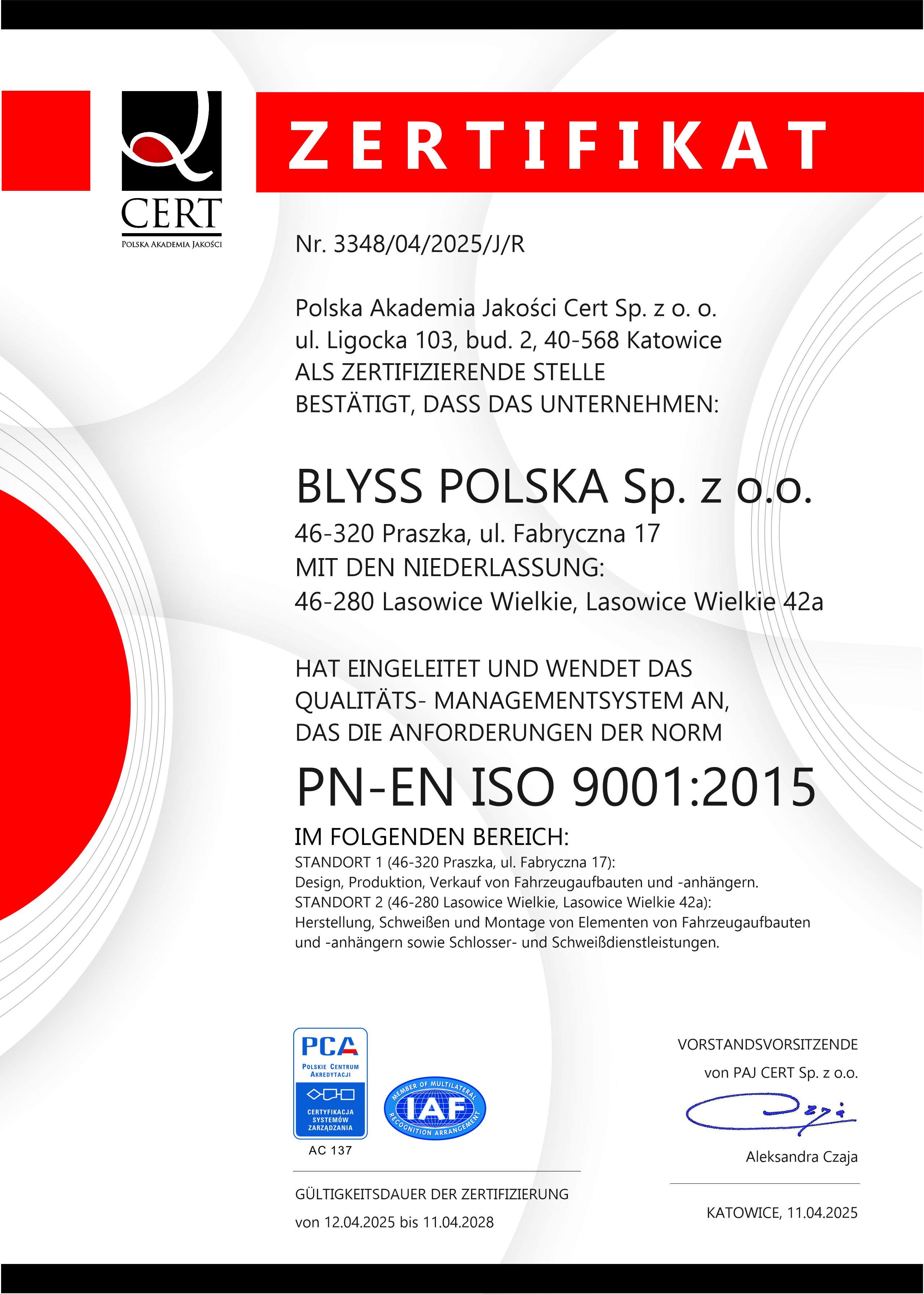 Certyfikat PN-EN ISO 9001:2015