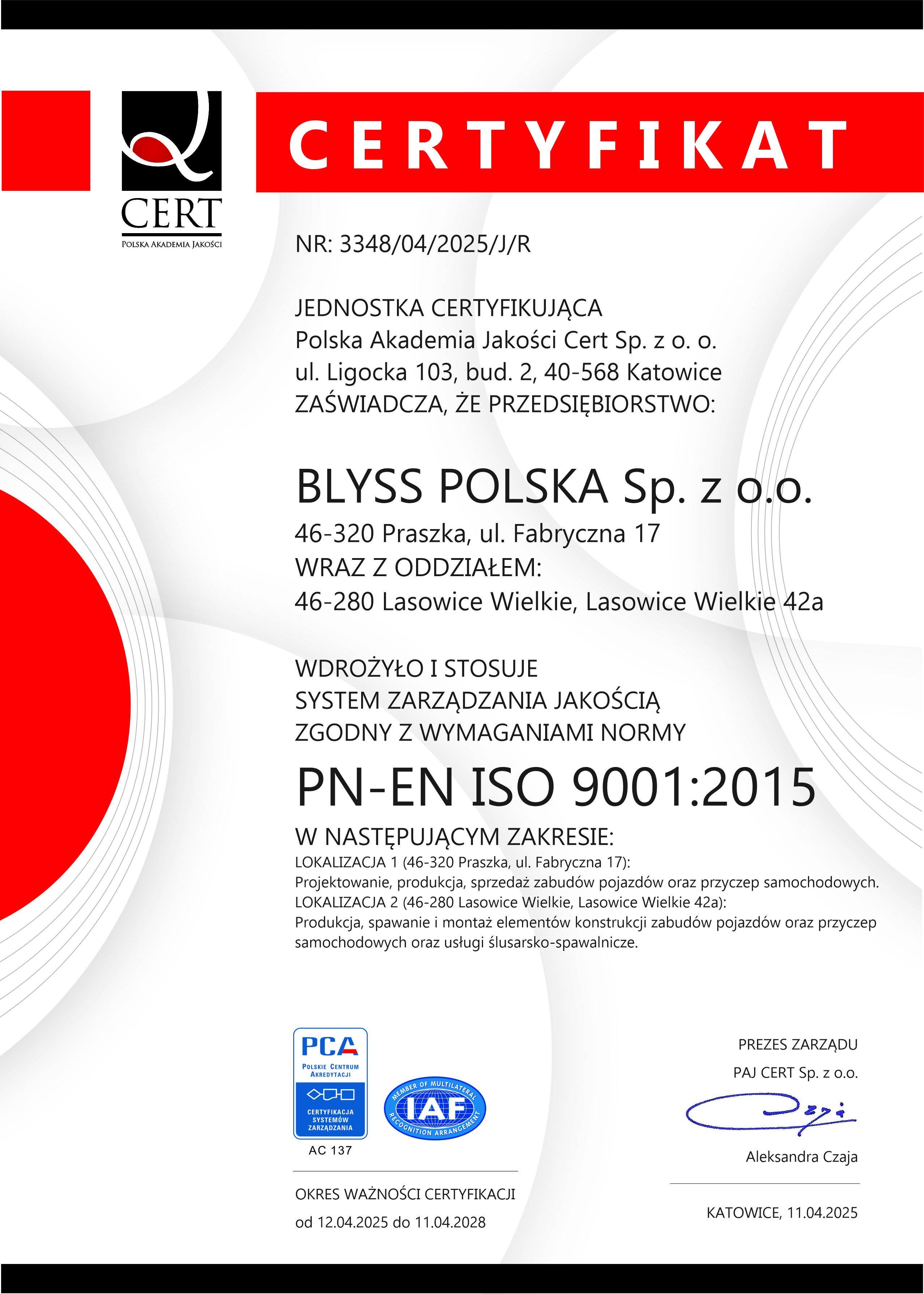 Certyfikat PN-EN ISO 9001:2015