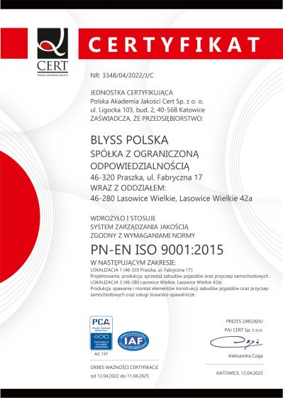 Certyfikat PN-EN ISO 9001:2015